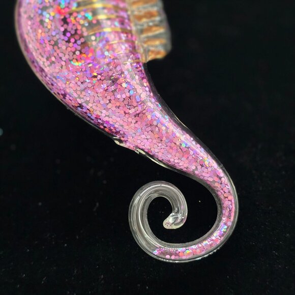 Glass Glitter Filled Seahorse Ornament With Gold Crown & Tail 5" - Picture 3 of 6